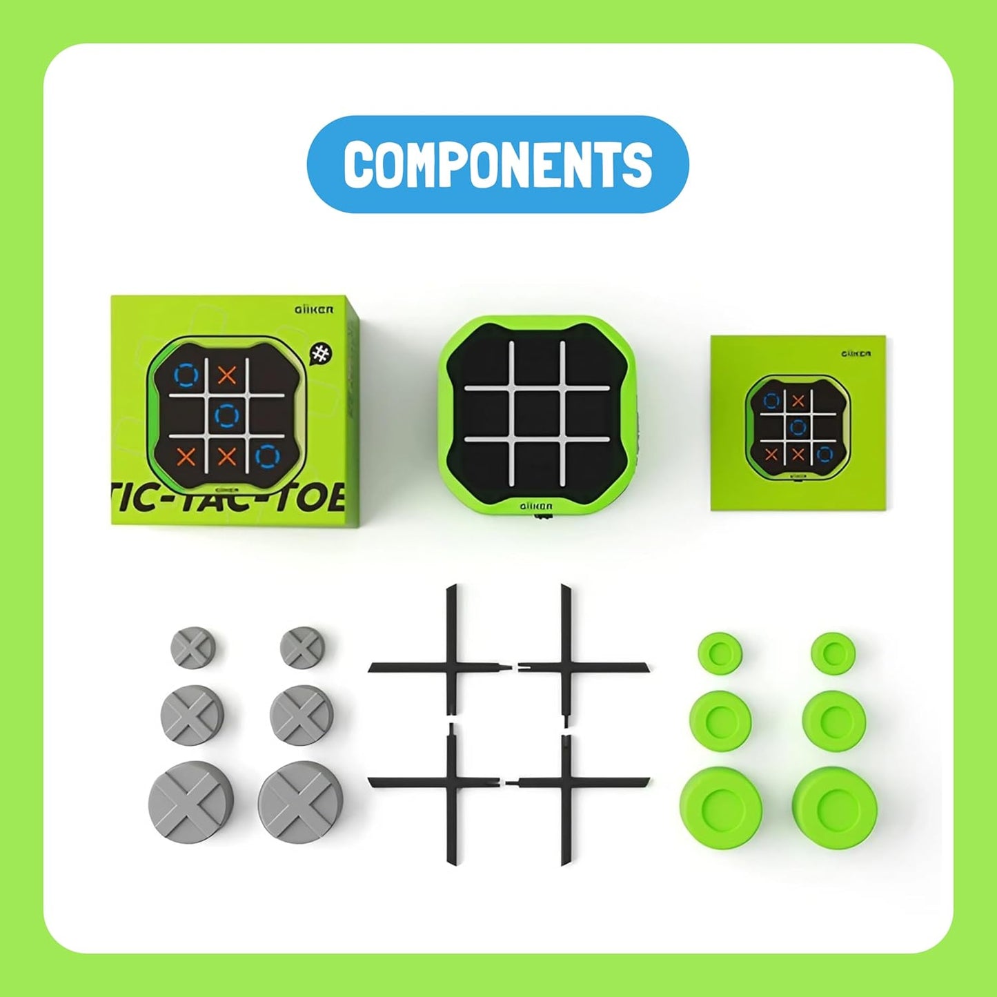 Tic Tac Toe Bolt Game, Original 3-In-1 Handheld Puzzle Game Console, Portable Travel Games for Car Ride, Board Games for Kids and Adults, Birthday Gifts for Ages 3+ (Green)