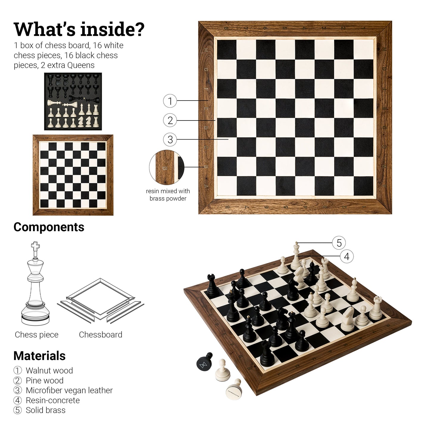 Bespoke Tournament Chess Set, Wooden Leather Lacquered Bold Chess Set, Resin Chess Pieces, Housewarming Gift, Luxury Gift for Him