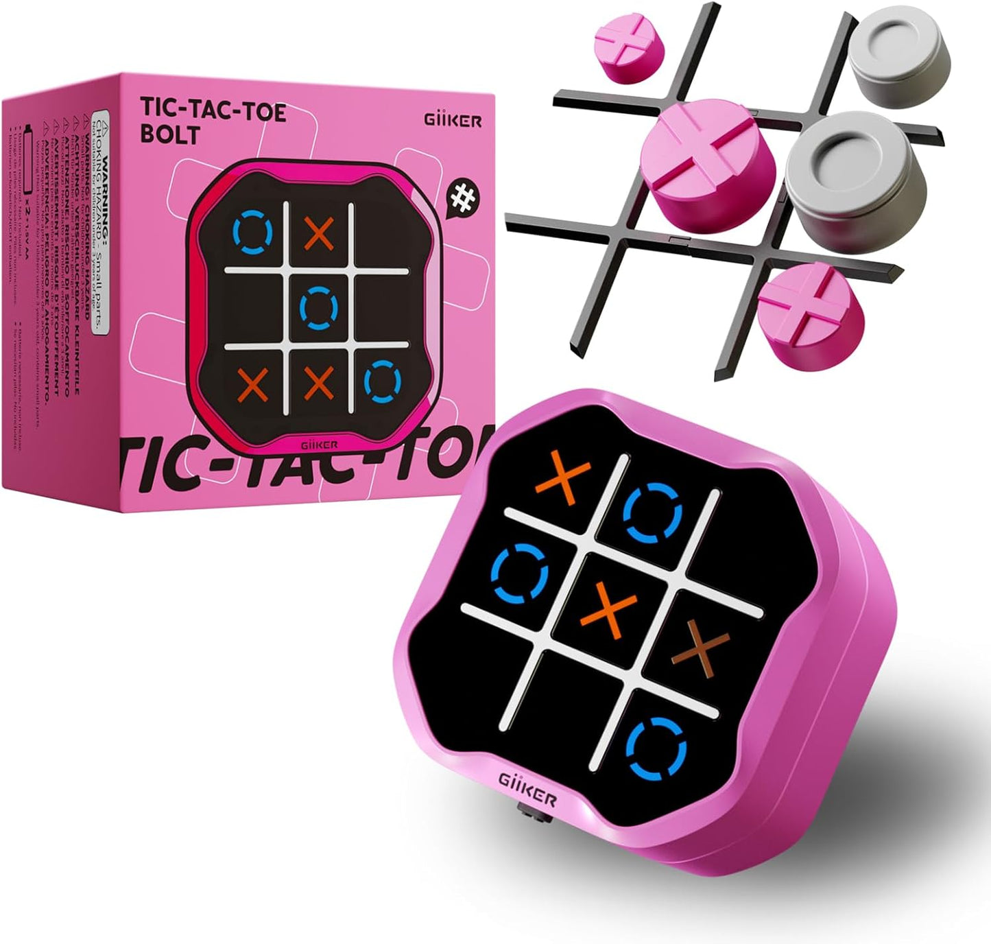 Tic Tac Toe Bolt Game, Original 3-In-1 Handheld Puzzle Game Console, Portable Travel Games for Car Ride, Board Games for Kids and Adults, Birthday Gifts for Ages 3+ (Pink)