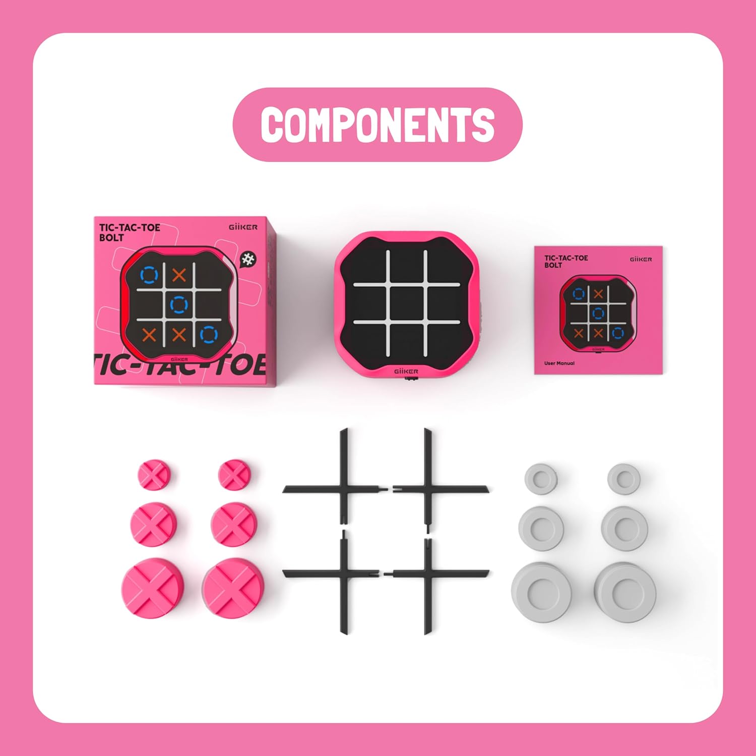 Tic Tac Toe Bolt Game, Original 3-In-1 Handheld Puzzle Game Console, Portable Travel Games for Car Ride, Board Games for Kids and Adults, Birthday Gifts for Ages 3+ (Pink)