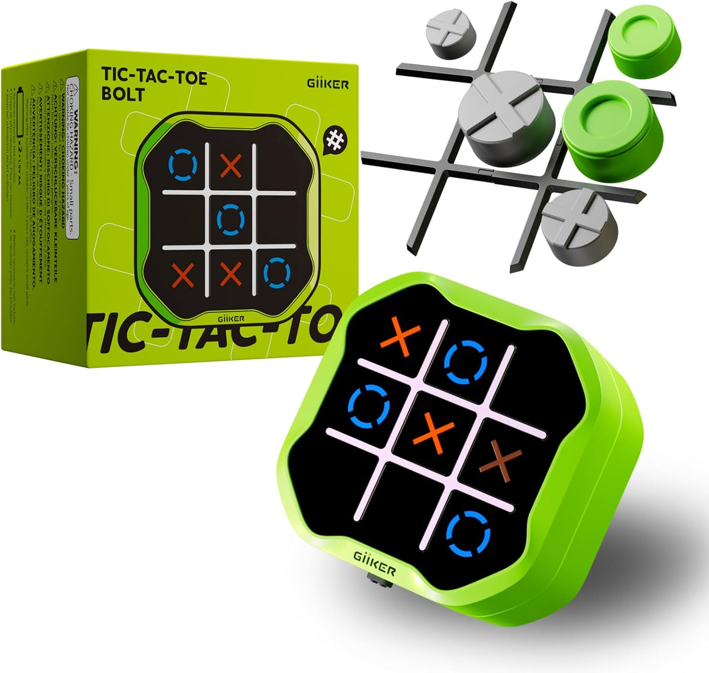 Tic Tac Toe Bolt Game, Original 3-In-1 Handheld Puzzle Game Console, Portable Travel Games for Car Ride, Board Games for Kids and Adults, Birthday Gifts for Ages 3+ (Green)