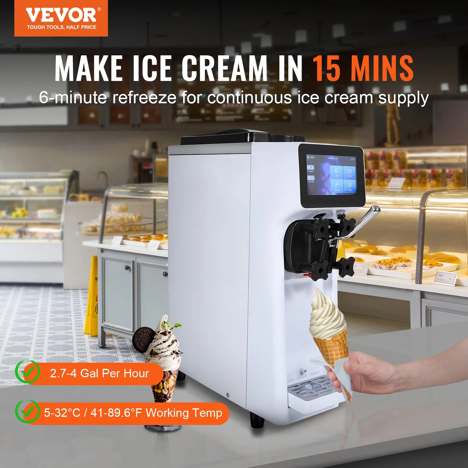 Commercial Ice Cream Machinesingle Flavor Countertop Soft Serve Ice Cream Maker Touch Screen Auto Clean Pre-Cooling