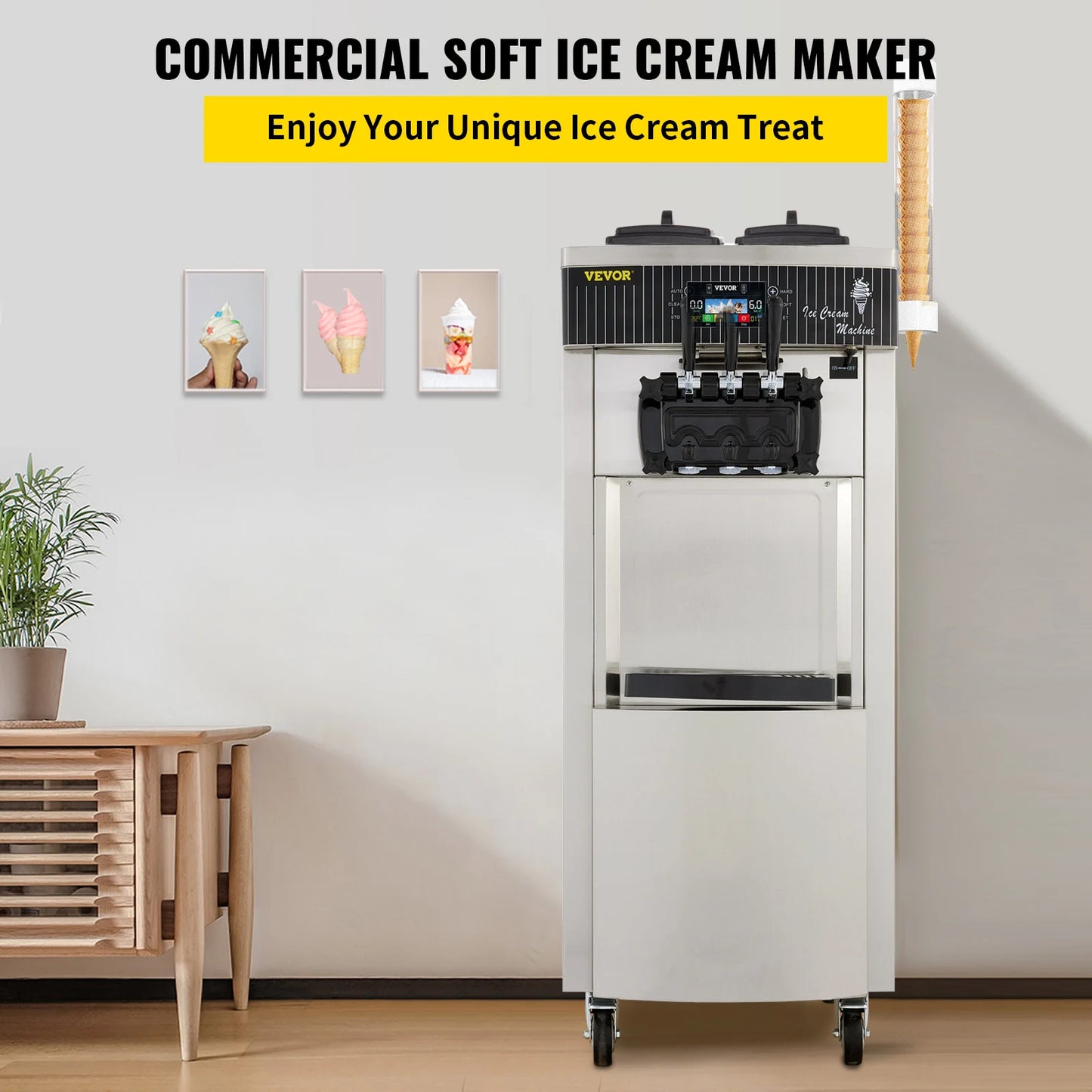 20-28L/H Ice Cream Maker Commercial Sorbet Cooler Mobile Tricolor Flavor Sweet Cones Freezing Equipment Vending Machine