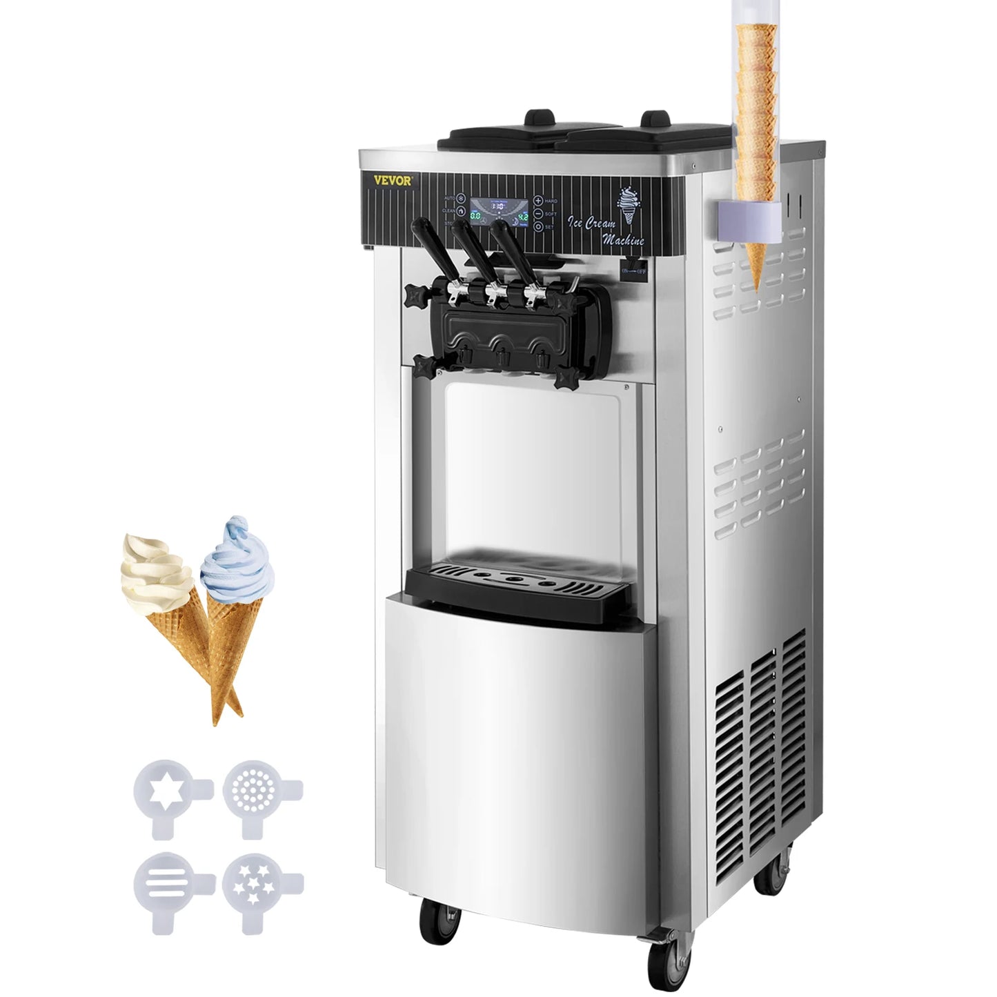 20-28L/H Ice Cream Maker Commercial Sorbet Cooler Mobile Tricolor Flavor Sweet Cones Freezing Equipment Vending Machine
