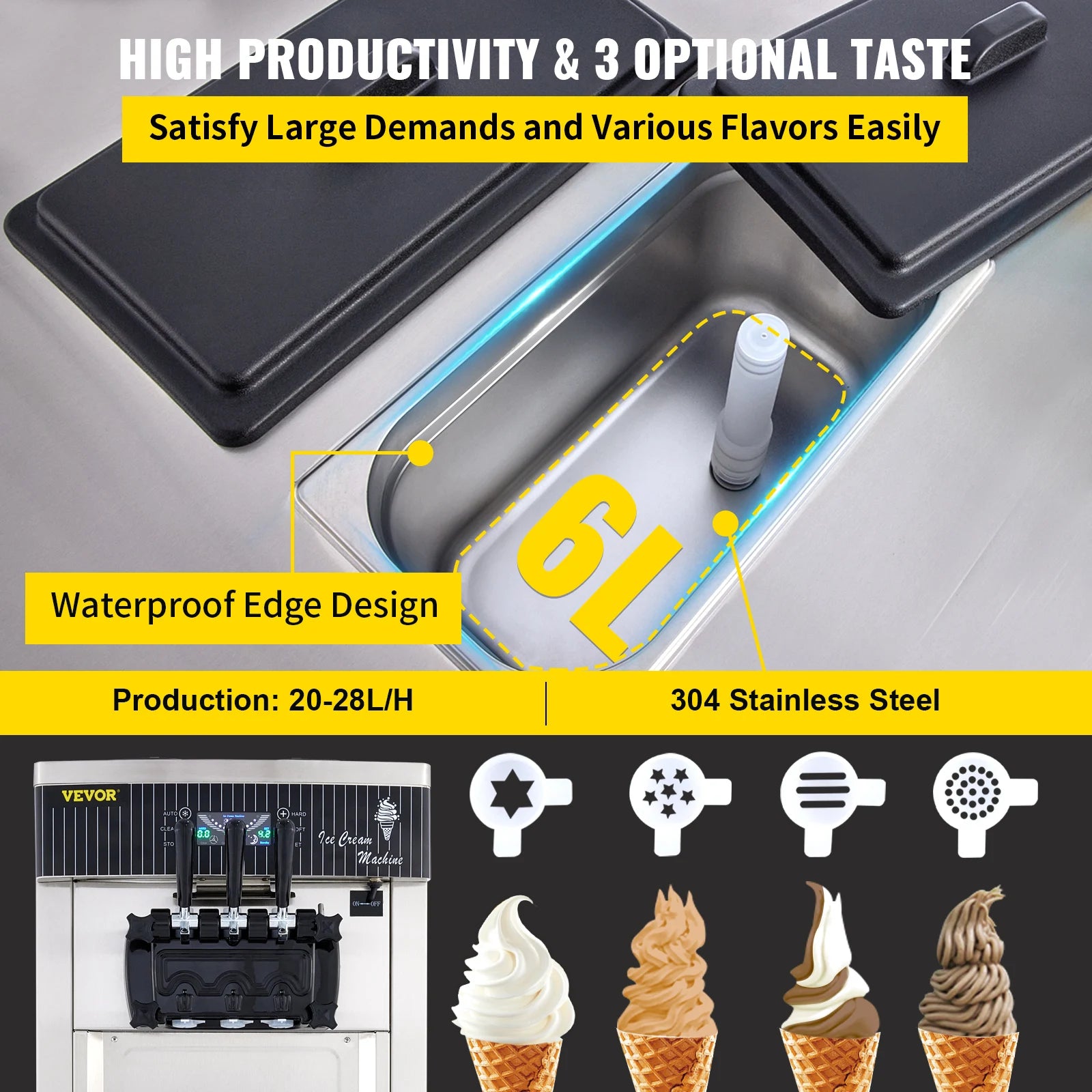 20-28L/H Ice Cream Maker Commercial Sorbet Cooler Mobile Tricolor Flavor Sweet Cones Freezing Equipment Vending Machine