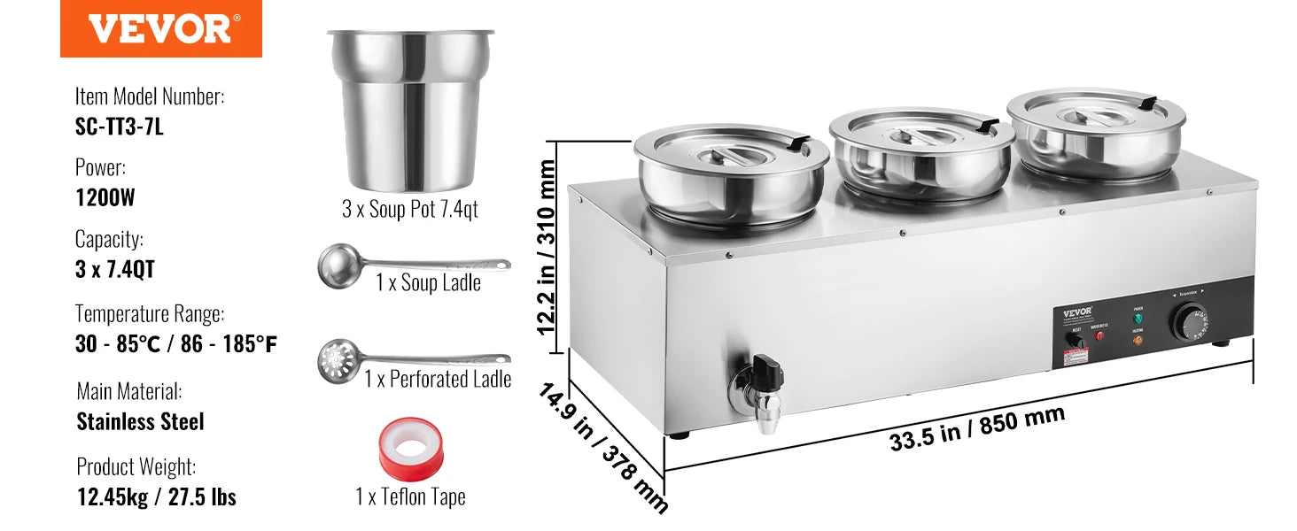 Succebuy 3 4 5 7.4QT Electric Soup Warmer Large Size Commercial Stainless Steel round Pot Adjustable Temp for Restaurant Buffet
