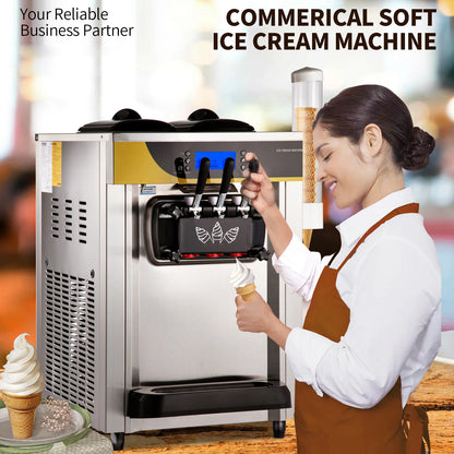 Commercial Ice Cream Maker 22-30L/H Yield 2200W Countertop Soft Serve Machine with 2X6L Hopper 2L Cylinder LCD Panel