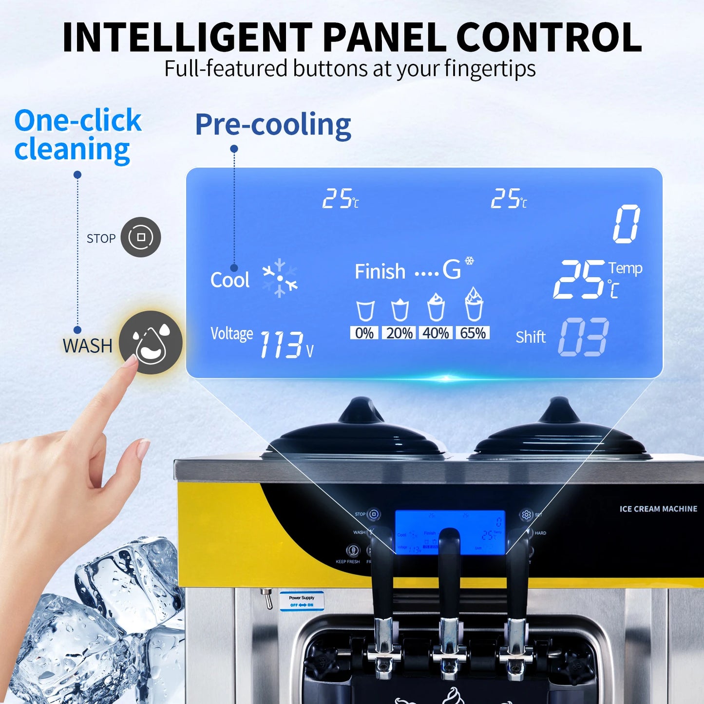 Commercial Ice Cream Maker 22-30L/H Yield 2200W Countertop Soft Serve Machine with 2X6L Hopper 2L Cylinder LCD Panel