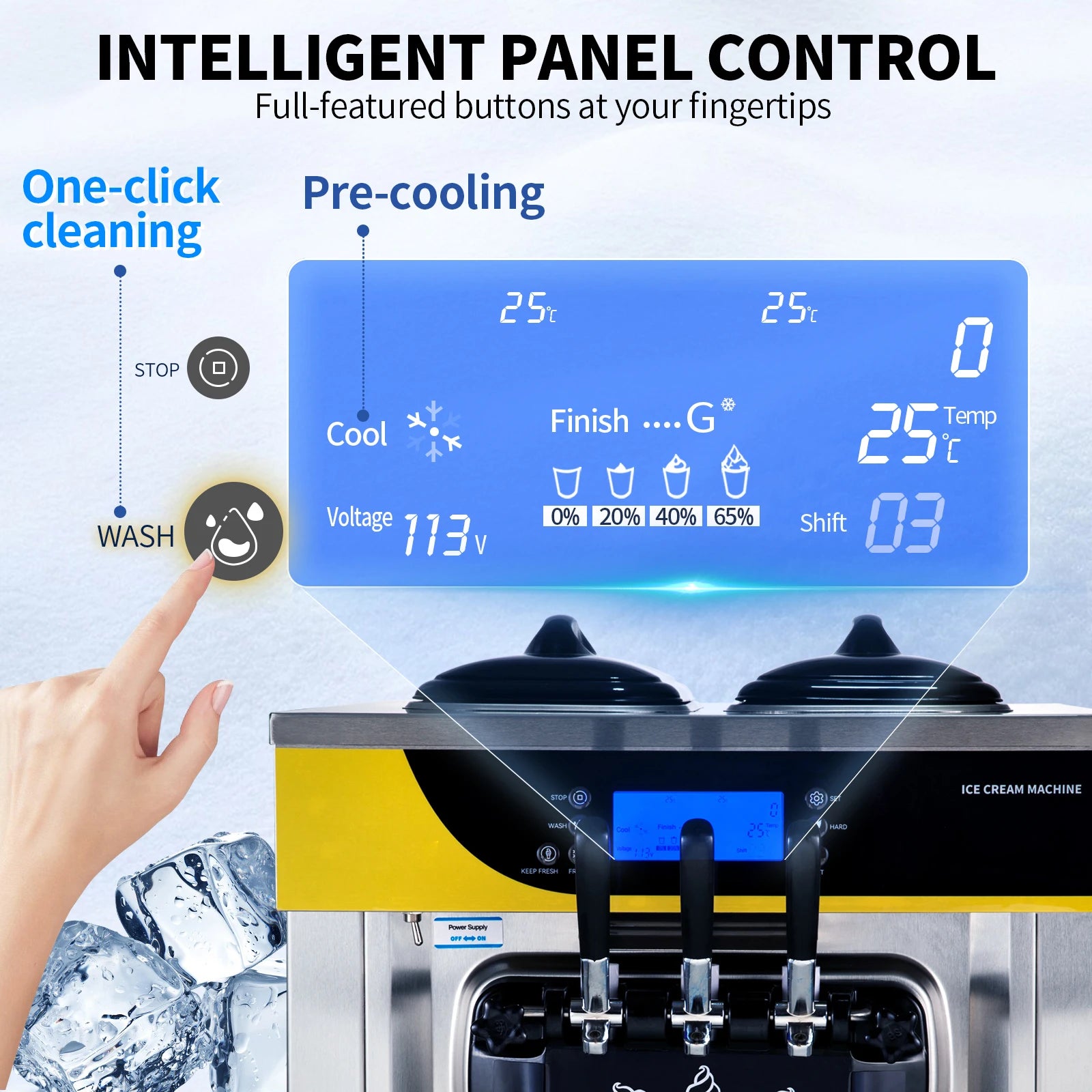 Commercial Ice Cream Maker 22-30L/H Yield 2200W Countertop Soft Serve Machine with 2X6L Hopper 2L Cylinder LCD Panel